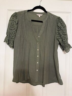 Nanette Lepore Olive Eyelet Puff-Sleeve Button-Front Blouse